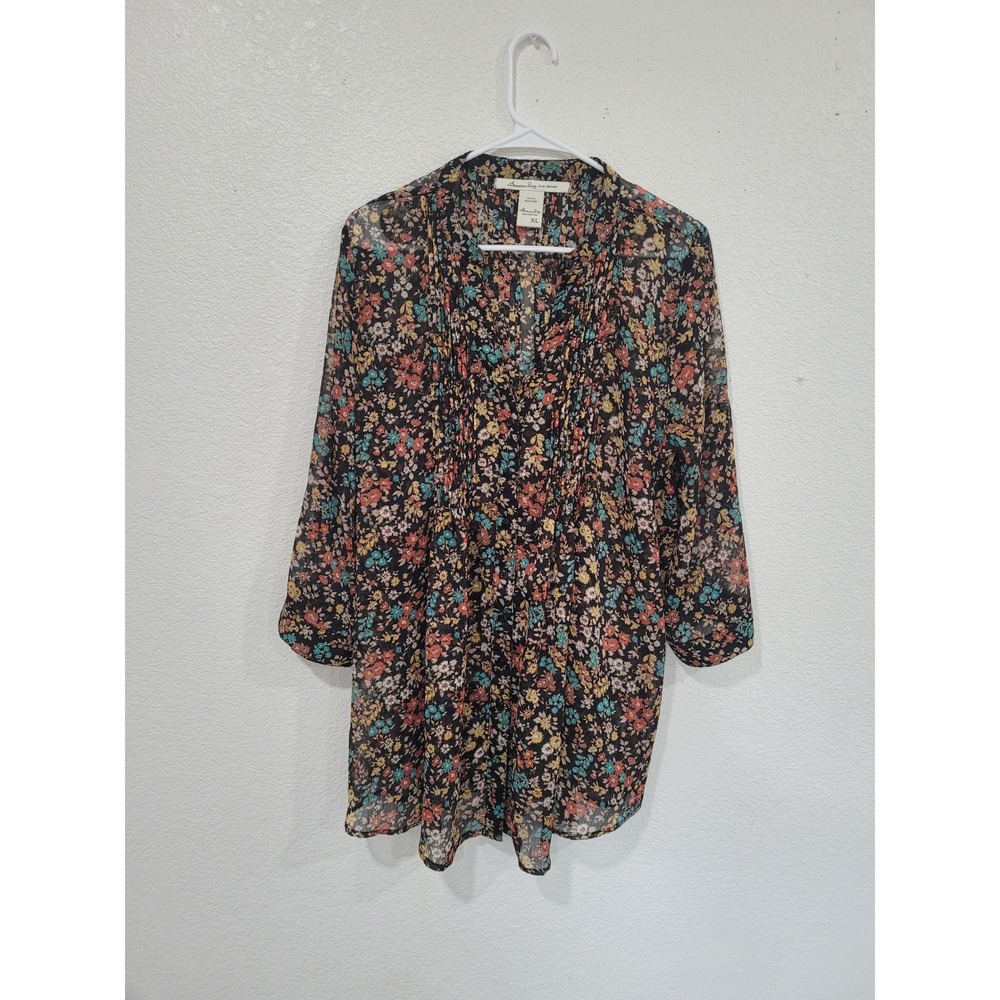 American Rag Floral Print Blouse Top Womens XL Sheer Long Sleeve‎ Button Tab #19